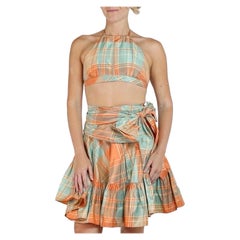 Morphew Collection Orange & Teal Silk Taffeta Plaid Halter Top