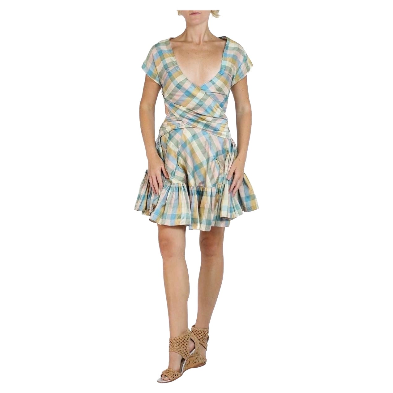 Morphew Collection Mixed Pastels Silk Taffeta Plaid Denise Dress For Sale