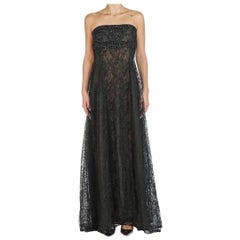 Vintage 1980S Peggy Jennings Black Lace / Tulle Strapless Gown