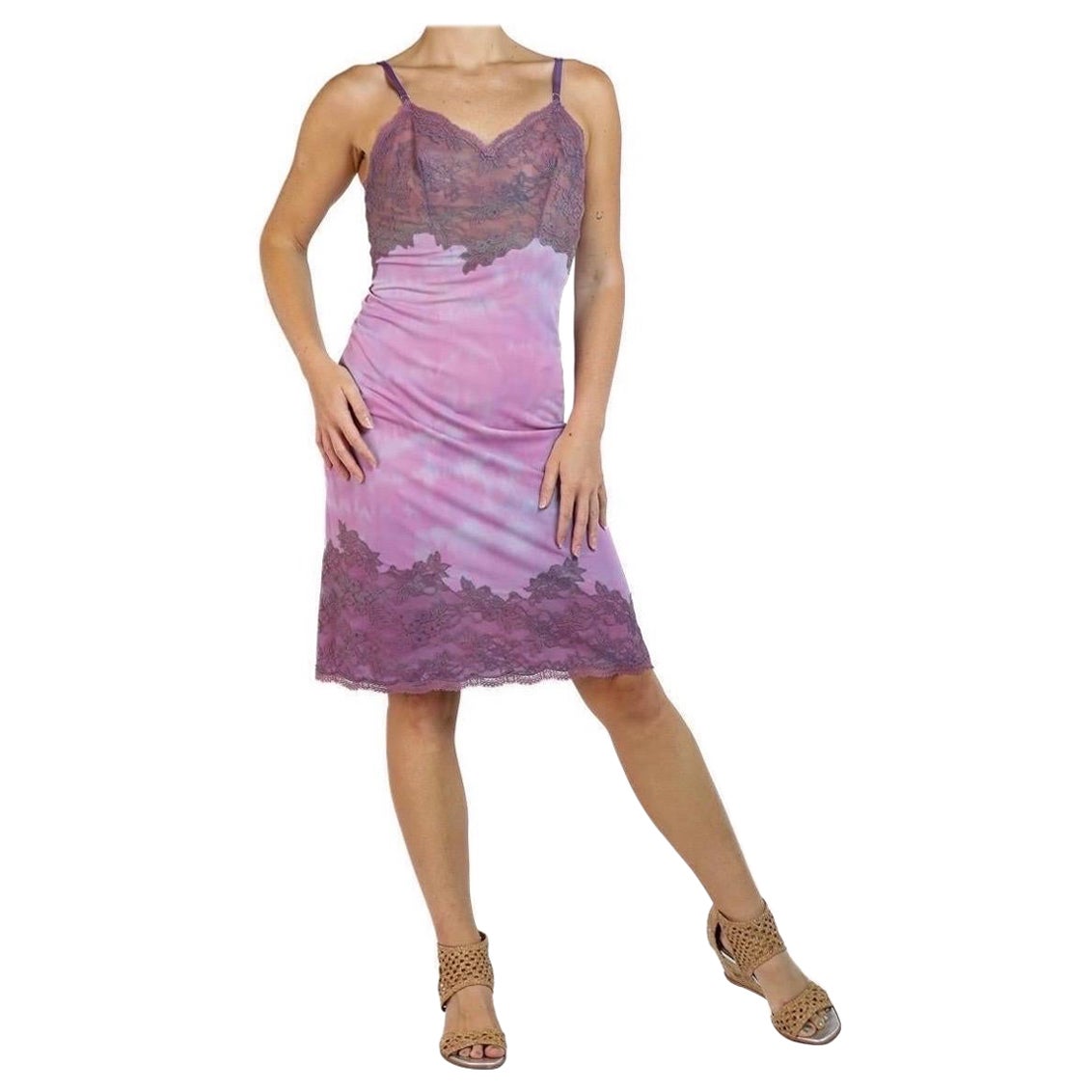 1960S Purple Rayon Dye Slip Dress With Lace Bust And Trim