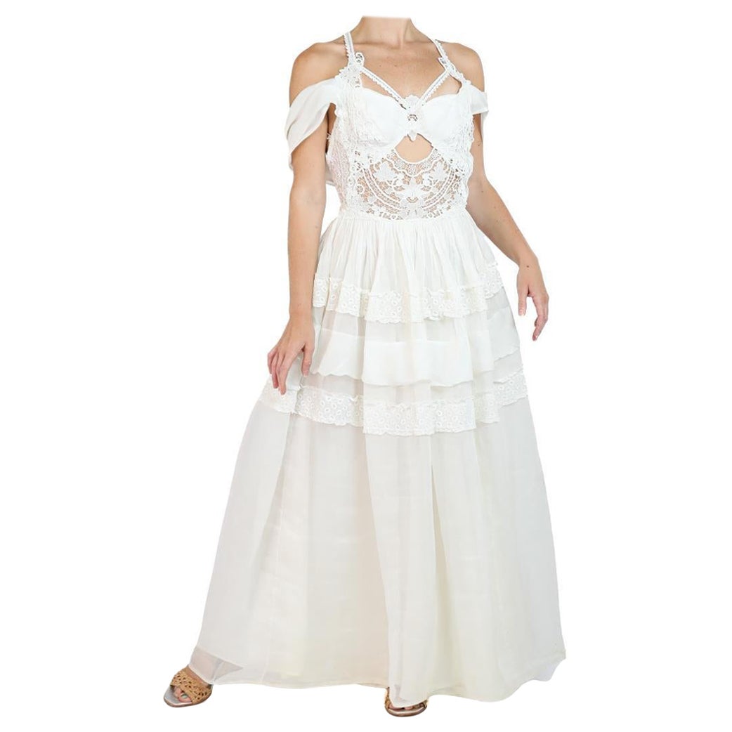 Morphew Atelier White Organic Cotton Organdy & Antique Lace Gown For Sale