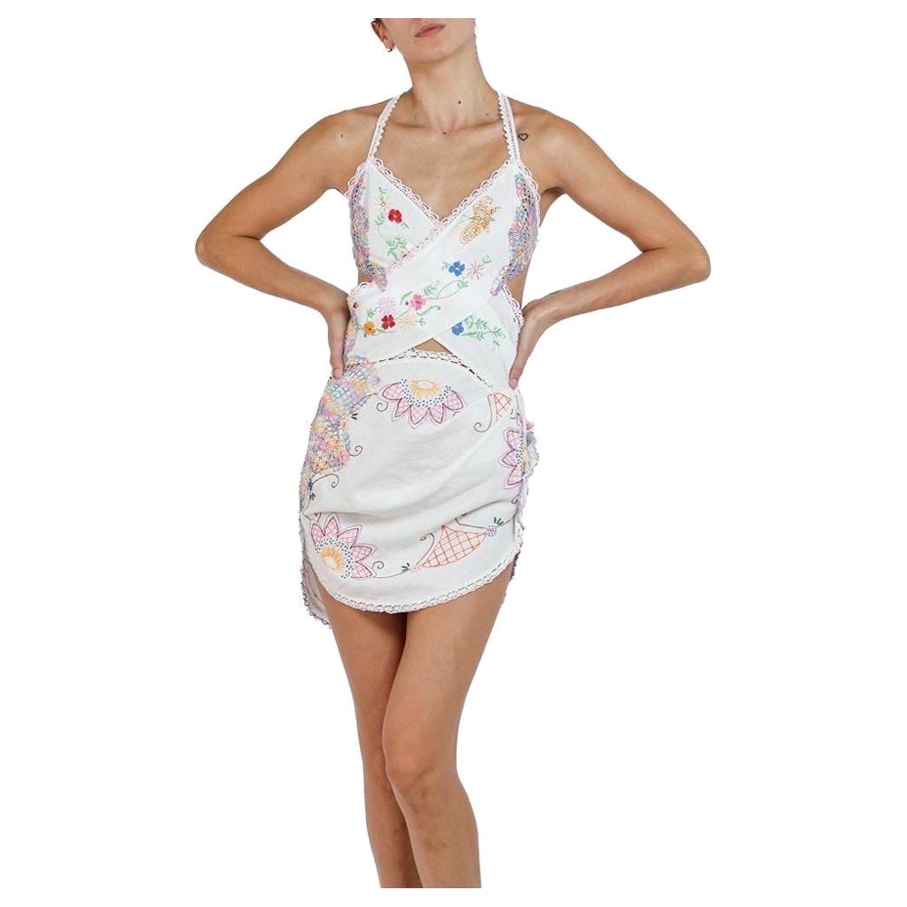 Morphew Collection White & Multicolor Cotton Linen Crochet Lace Mini Dress With For Sale