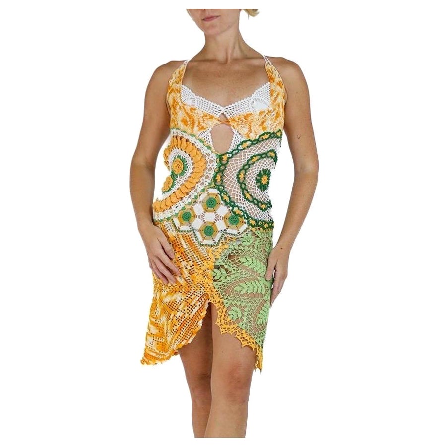 Morphew Collection Orange & Green Cotton Crochet Lace Mini Dress For Sale