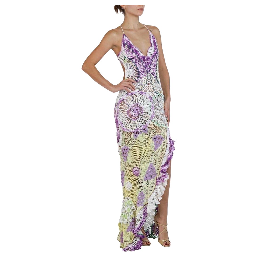 Morphew Collection Purple & Yellow Cotton Crochet Lace Long Dress For Sale