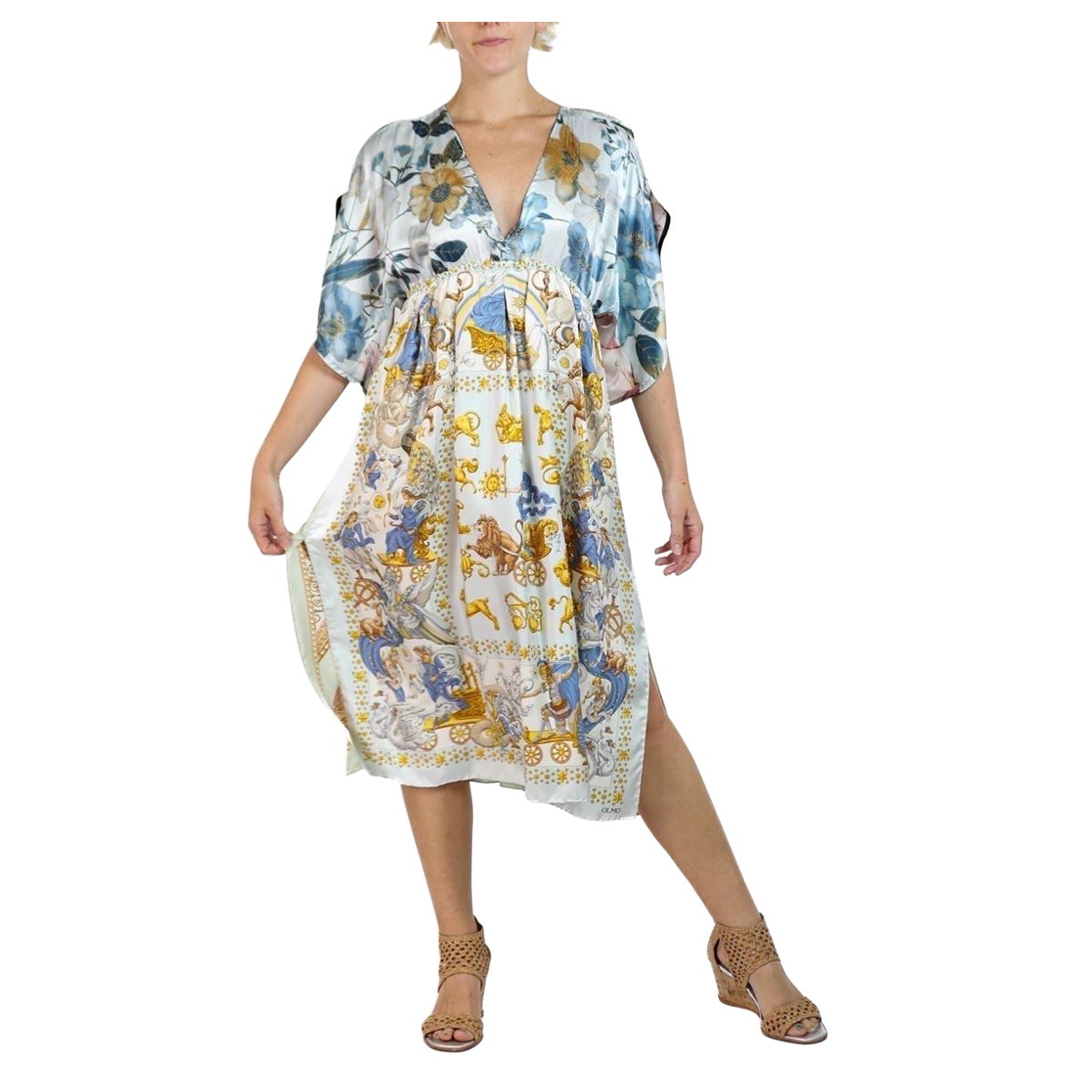Morphew Collection Blue & Gold Status Print Silk Virgo Empire Waist Dress Made  For Sale