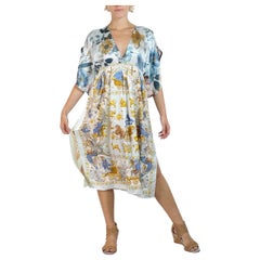 Morphew Collection Blue & Gold Status Print Silk Virgo Empire Waist Dress Made 