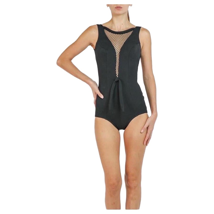 1960S Black Polyester Stretch Bond Girl Swimsuit With Fish Net At Neck
