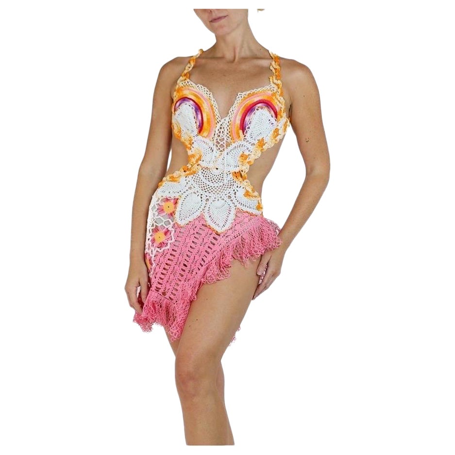 Morphew Collection Orange & Pink Cotton Crochet Lace Mini Dress For Sale