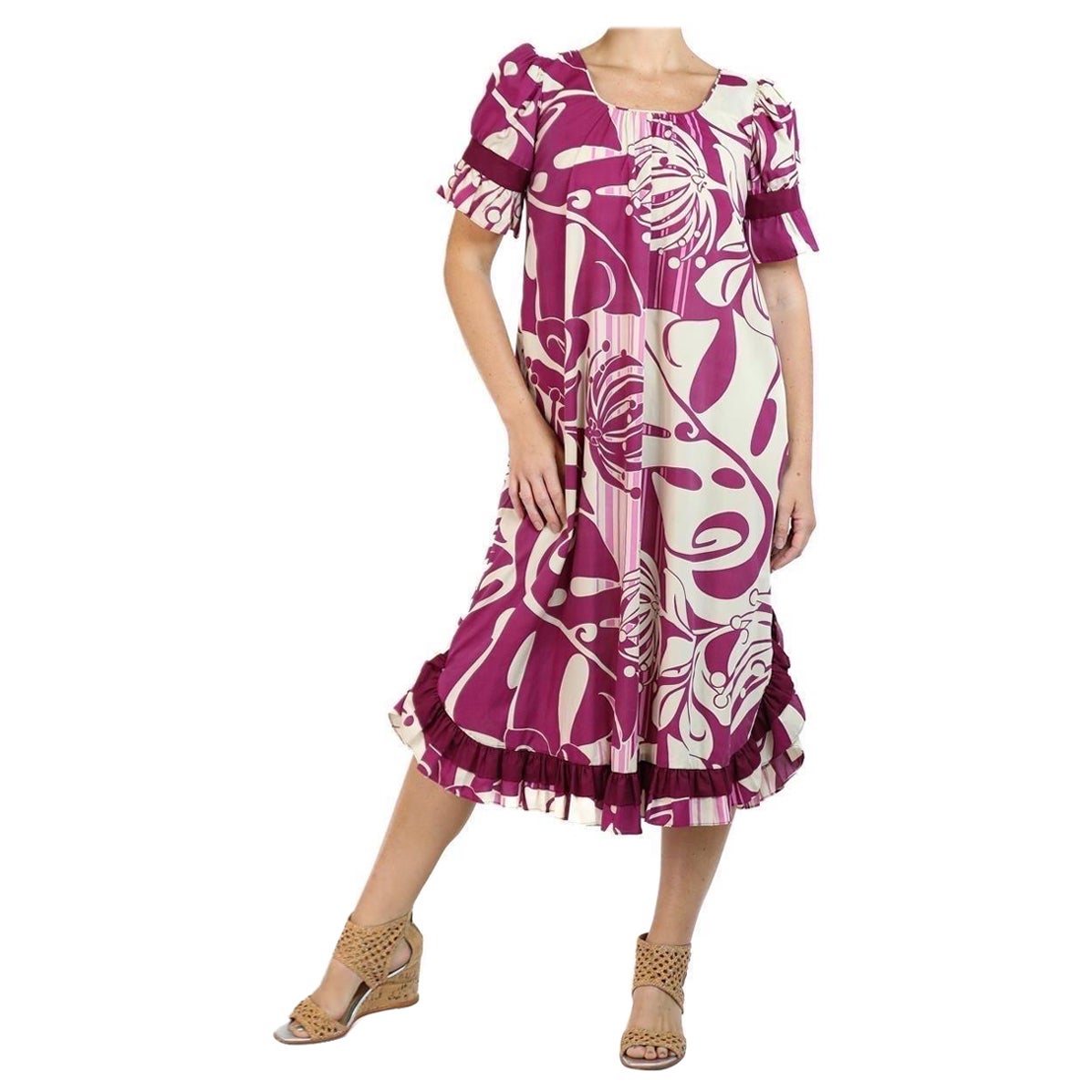 Lila & Cremefarbenes Kleid aus Poly/Baumwolle, hergestellt auf Hawaii von Muumuu, 1970er Jahre im Angebot