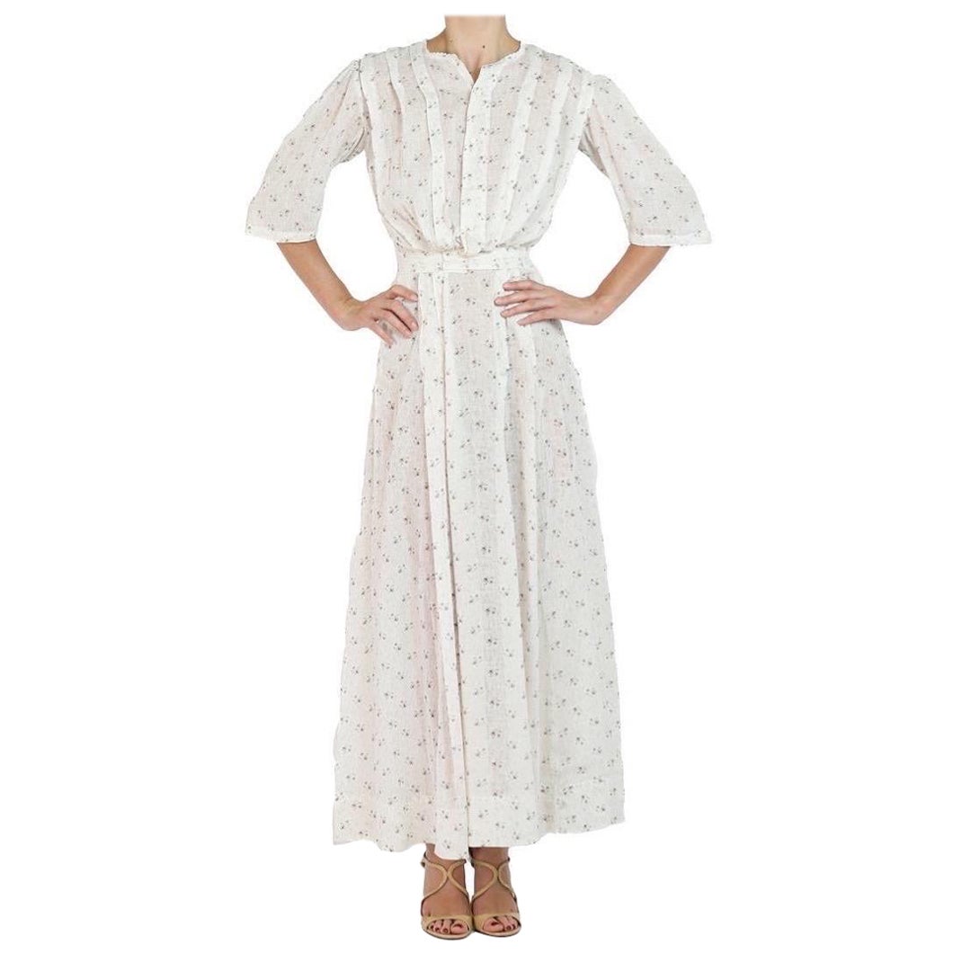 Edwardian Cream & Brown Floral Print Linen 3/4 Sleeve Dress For Sale