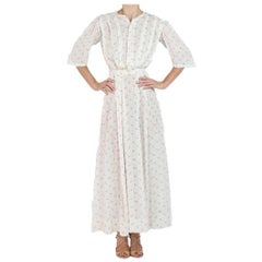 Antique Edwardian Cream & Brown Floral Print Linen 3/4 Sleeve Dress
