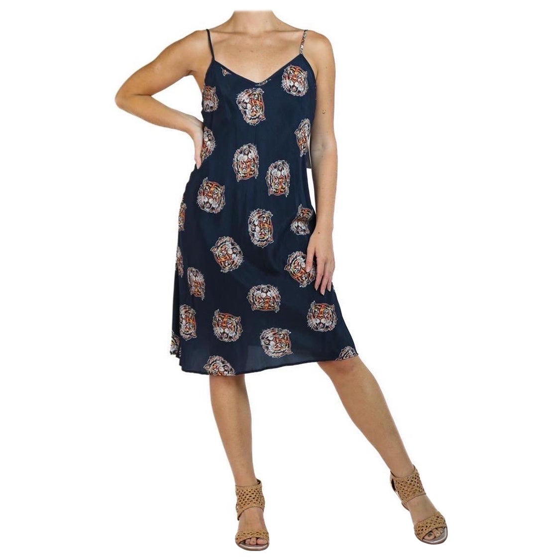Morphew Collection Navy Tiger Head Print Cold Rayon Bias Maxi Slip Dress For Sale