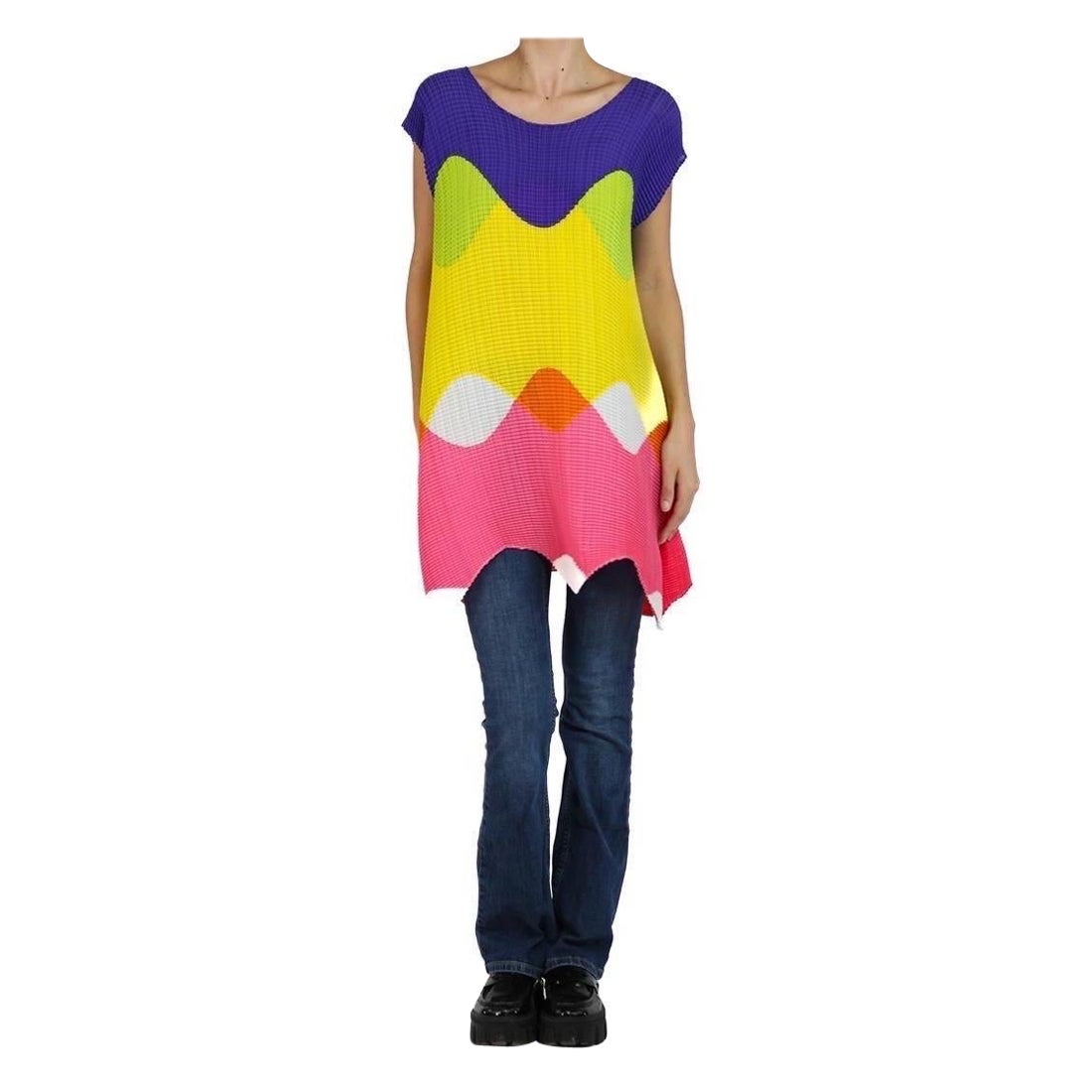 1990S Issey Miyake Purple, Yellow & Pink Geometric Wave Pattern Dress For Sale