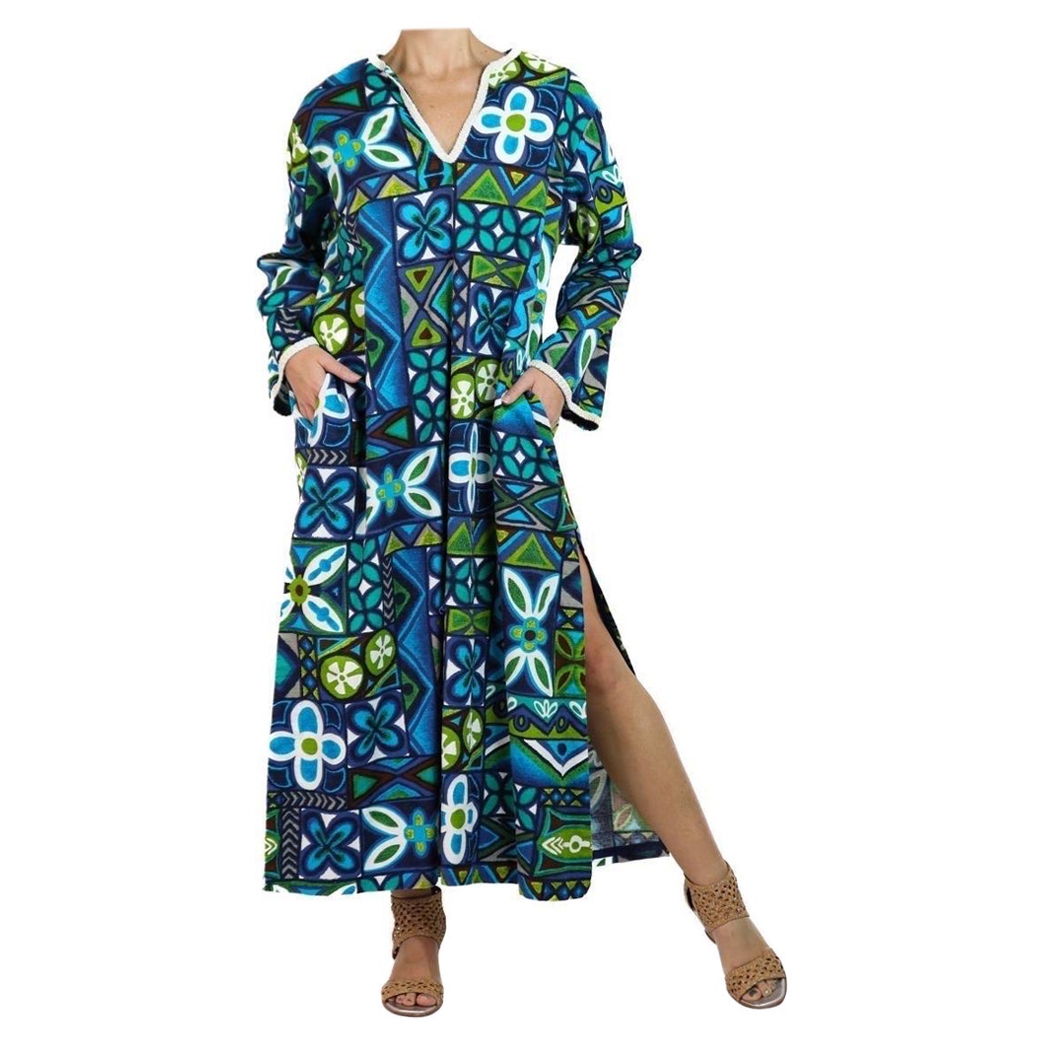 1970S Blue, Green & White Geometric Print Hand Made Dress For Sale