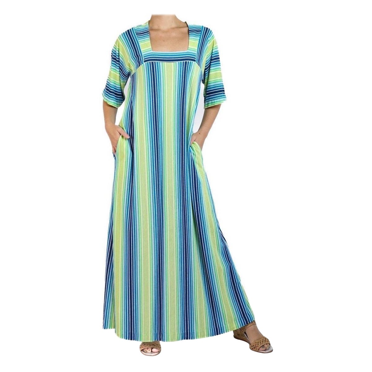 1970S Saks Fifth Avenue Blue, Green & Yellow Poly Blend Terry Cloth Striped Dre For Sale