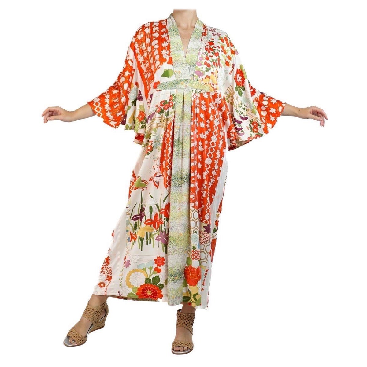 Morphew Collection Orange, White & Green Japanese Kimono Silk Kaftan For Sale