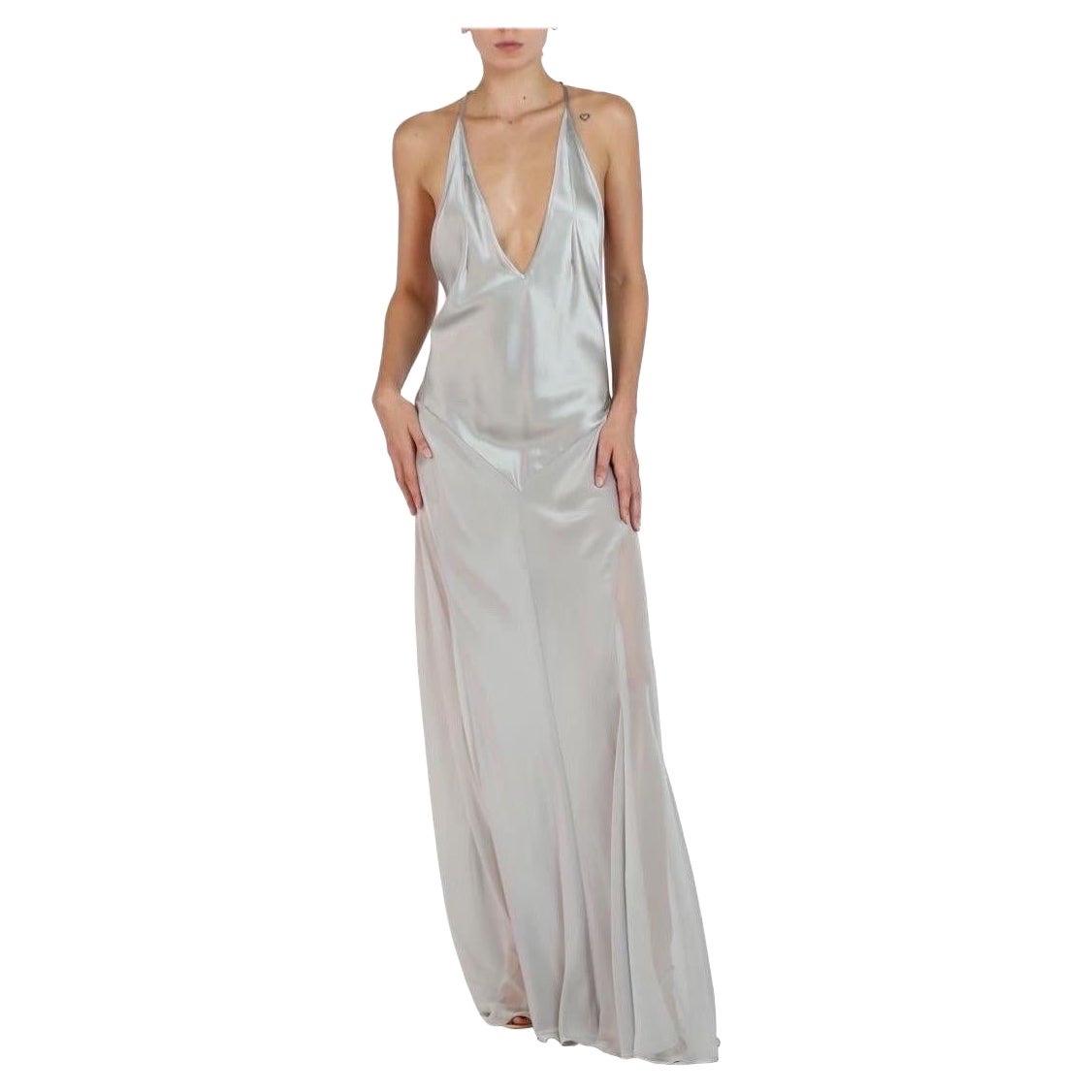 Morphew Collection Silver Silk Charmeuse Bias Cut Slip Gown For Sale