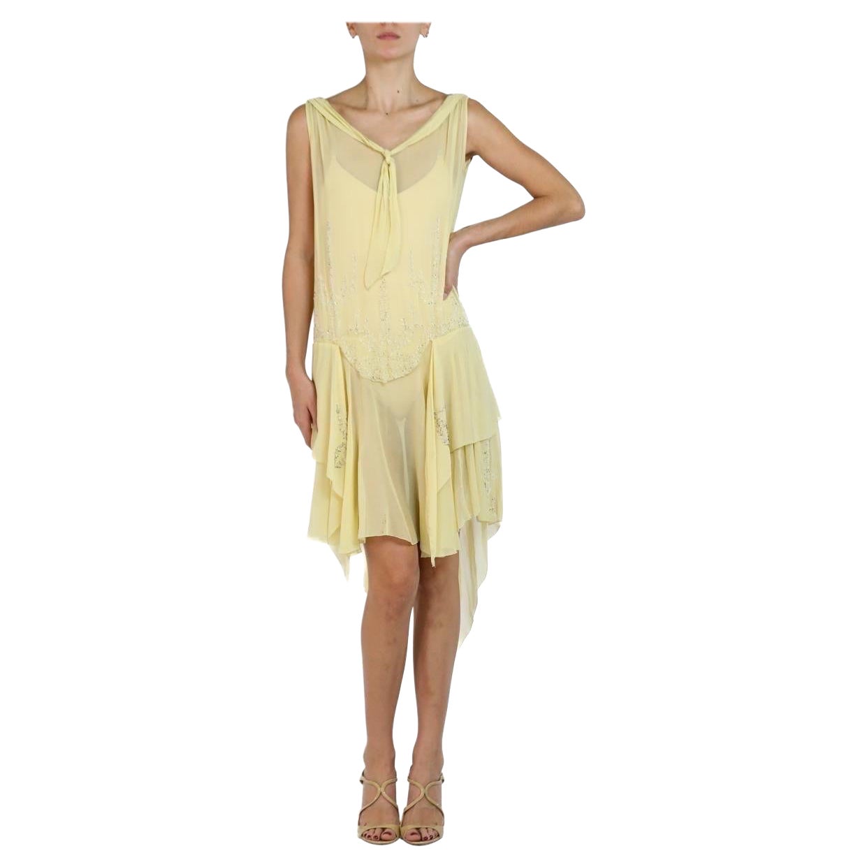 1920S Butter Yellow Silk Dress With Hand Beading For Sale