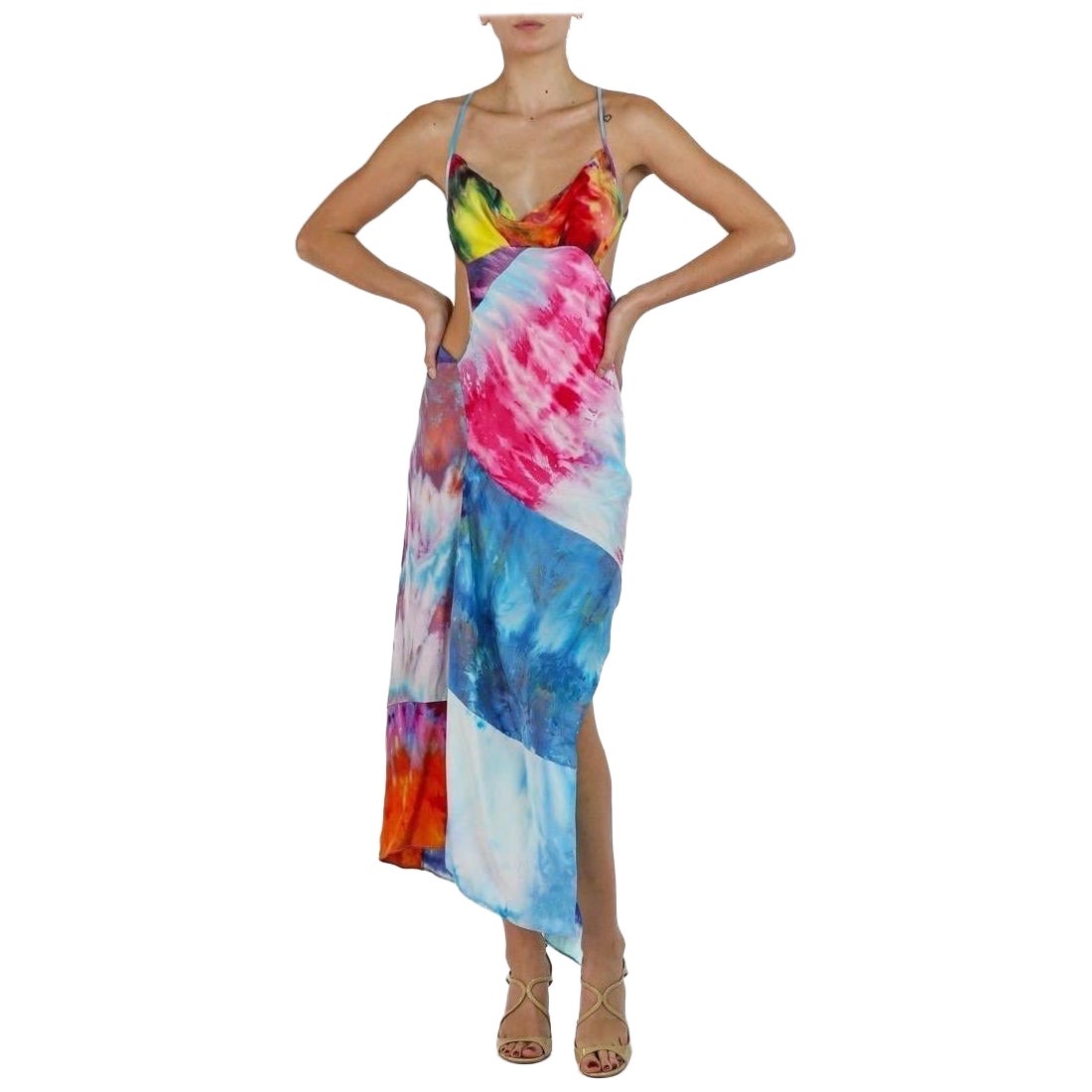 Morphew Collection Multicolor Silk Ice Dyed Patchwork Skylar Dress For Sale
