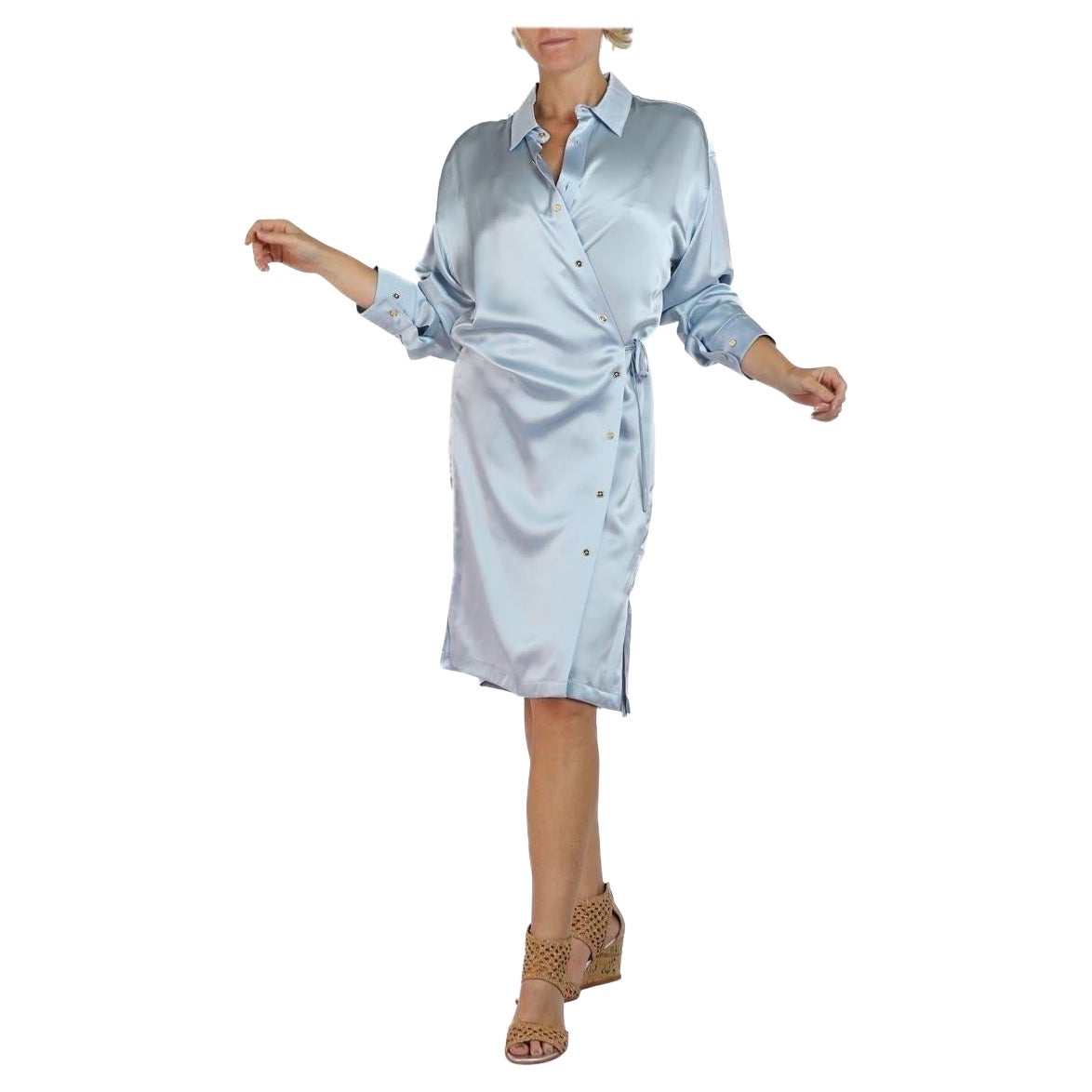 Morphew Collection Ice Blue Silk Charmeuse Oversized Button Down Shirt Dress For Sale