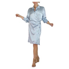 Morphew Collection Ice Blue Silk Charmeuse Oversized Button Down Shirt Dress