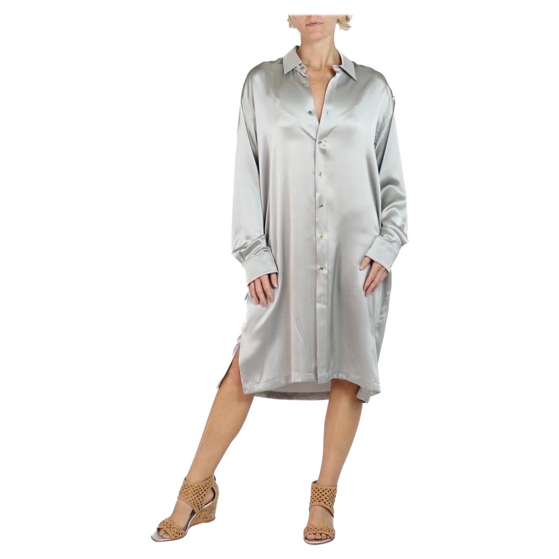 Morphew Collection Silver Silk Charmeuse Oversized Button Down Shirt Dress For Sale