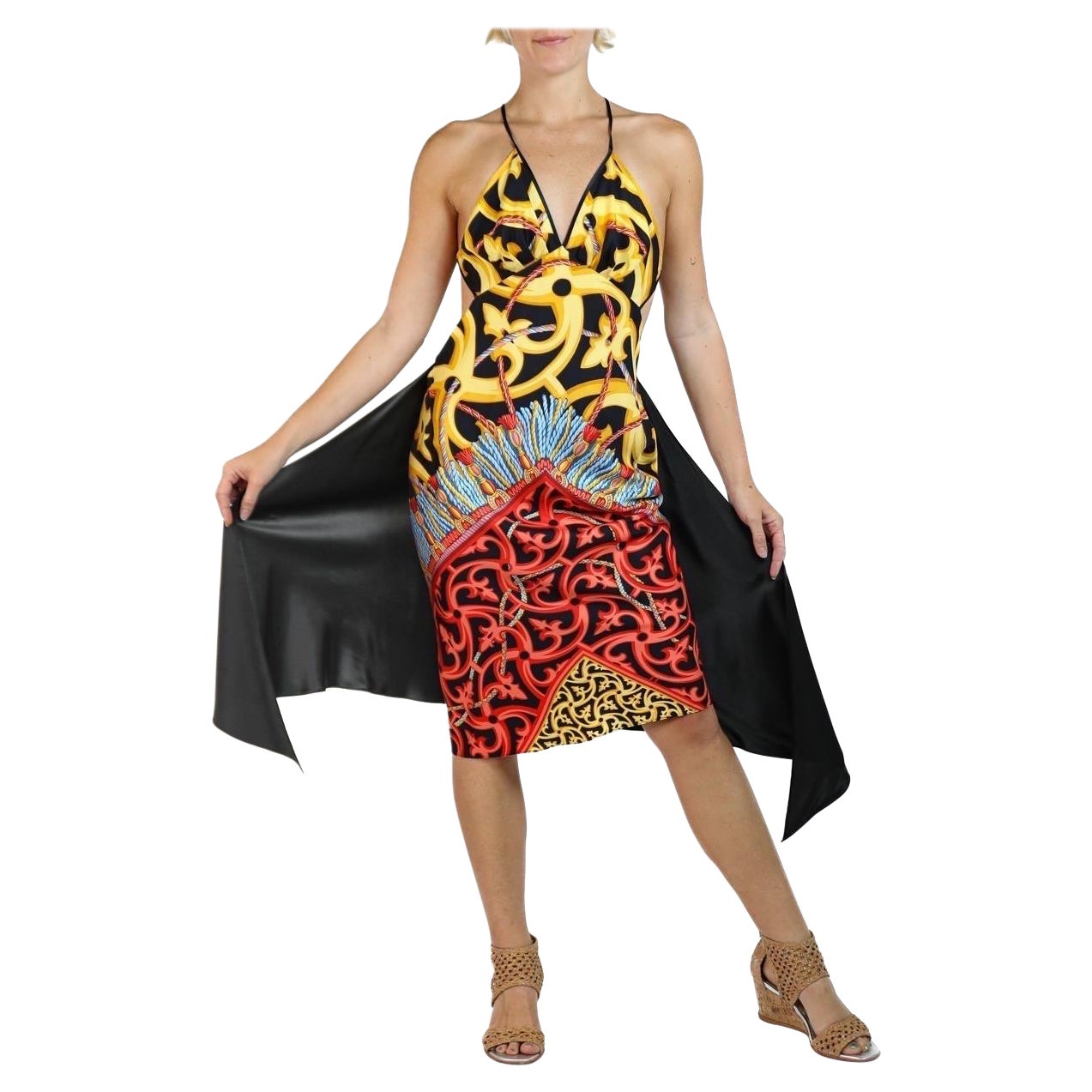 Morphew Collection Black, Gold & Red Silk Fendi Sagittarius Scarf Dress For Sale