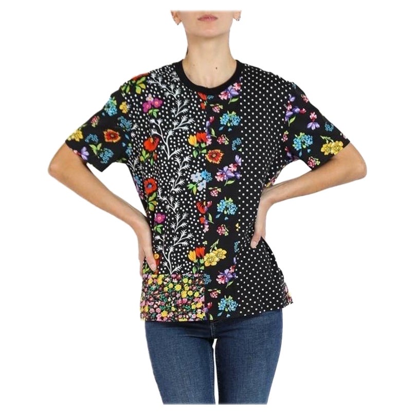 1990S Versace Black & Multicolor Floral Polka Dot Cotton Shirt For Sale