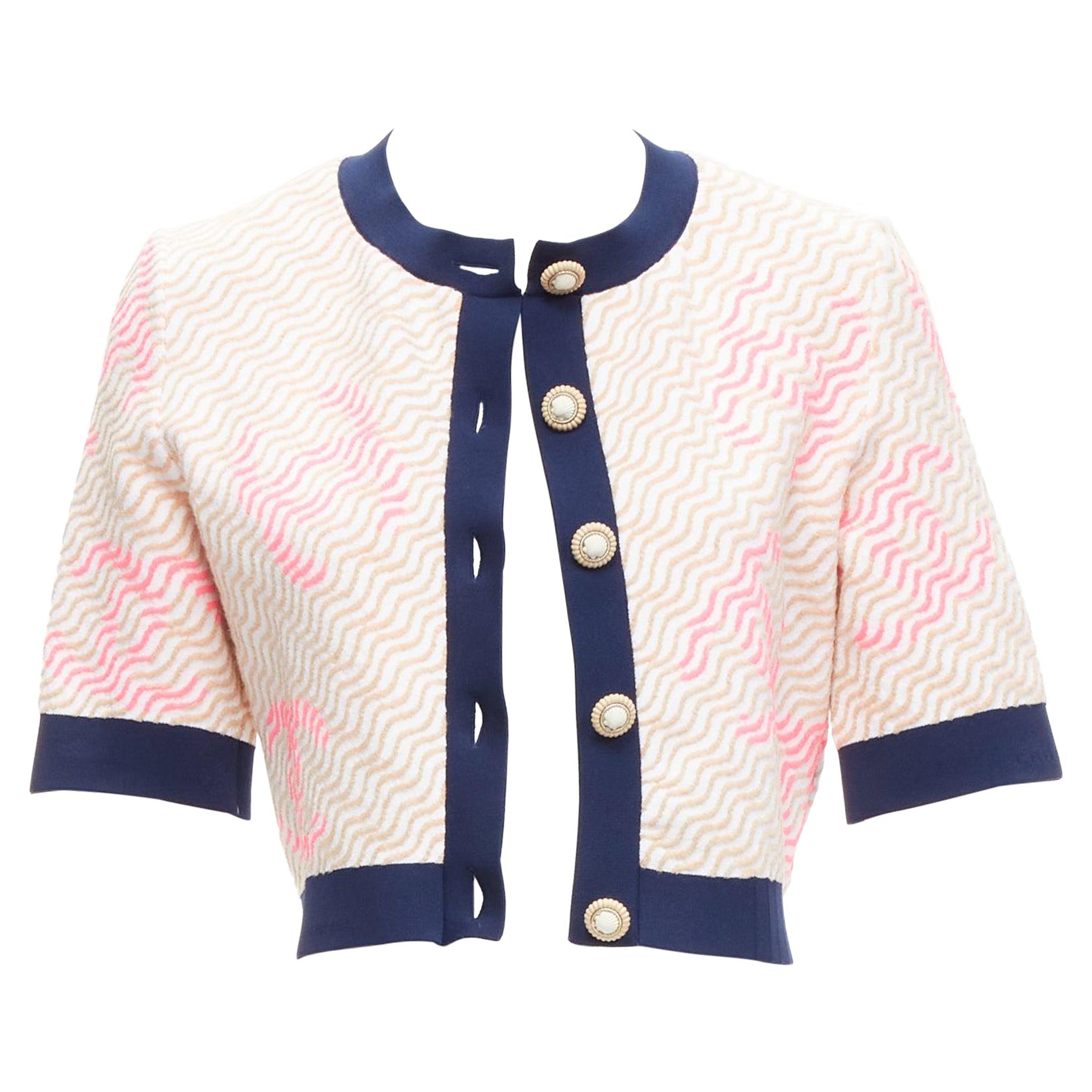 rare CHANEL pink applique logo twirl seashell button cropped cardigan FR38 M For Sale
