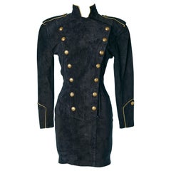 Style Officier black suede dress with gold metal buttons