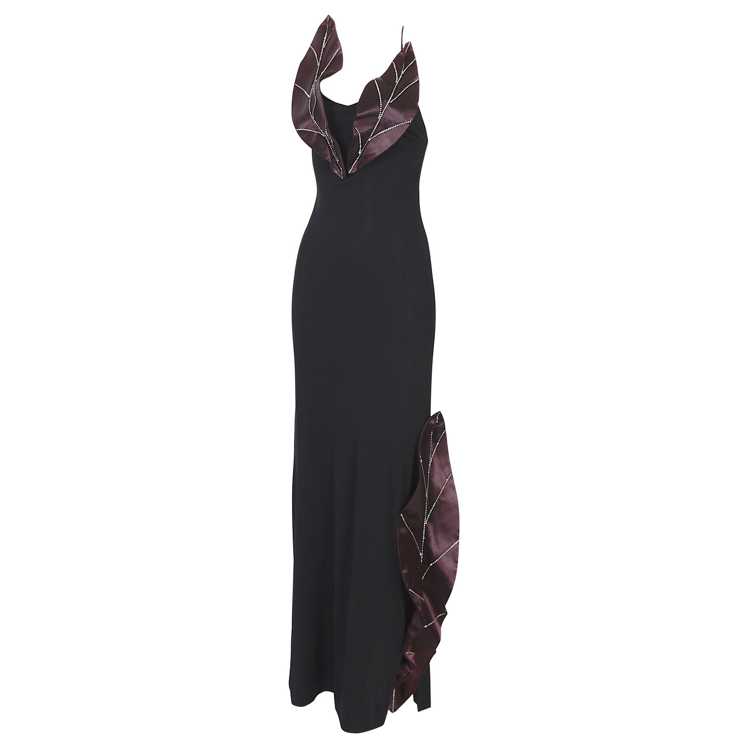 Loris Azzaro Couture 1970, robe en jersey de soie noir ornée de satin et de strass  en vente