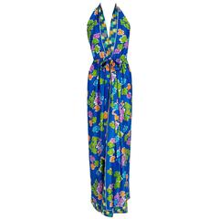 1970's Oscar de la Renta Colorful Silk-Jersey Print Halter Backless Maxi Dress 9