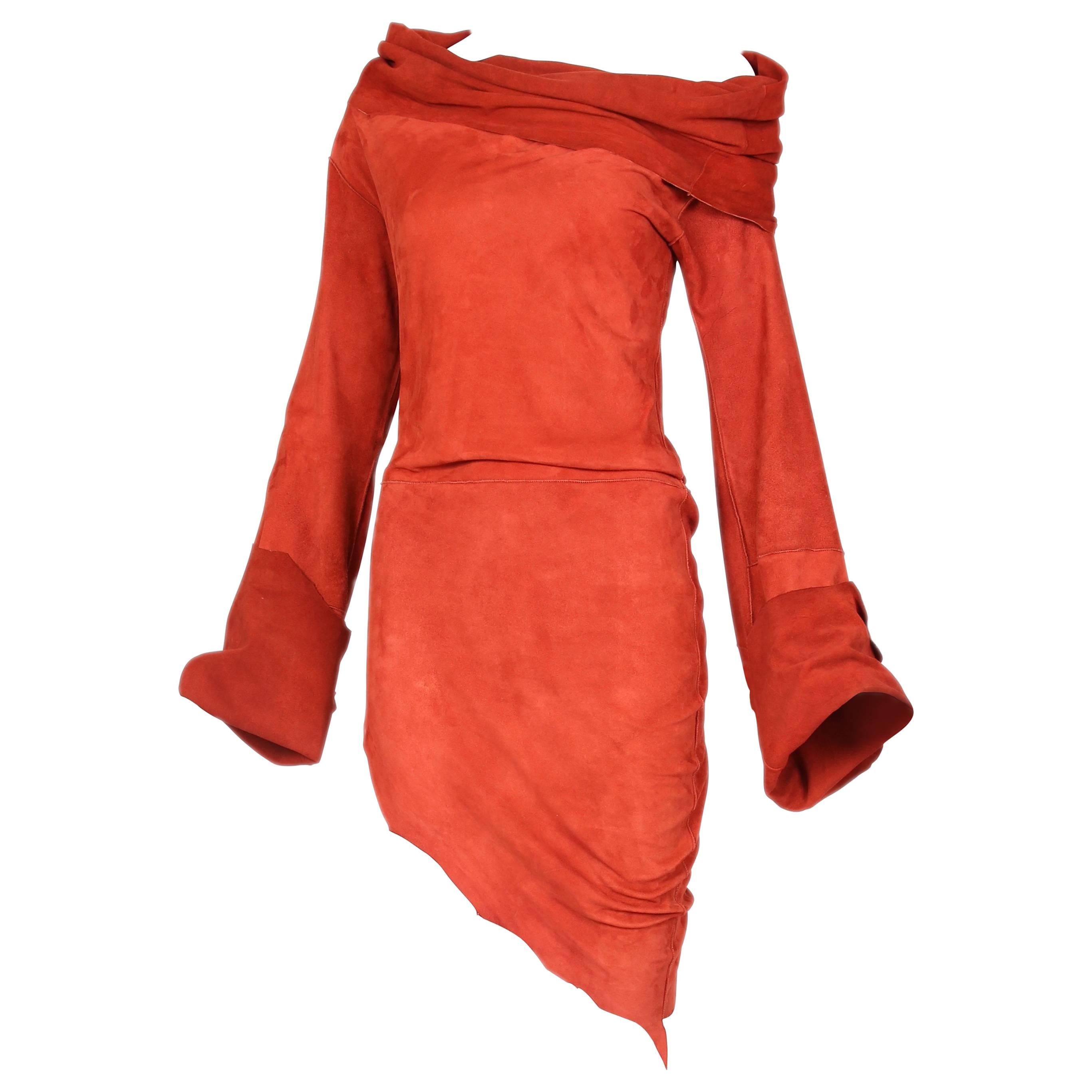 Vintage Jean Paul Gaultier Burnt Orange Suede Asymmetrical Tunic Dress