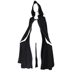 1970's Yves Saint Laurent YSL Black Wool Hooded Cape W/ Woven Clasp Detail
