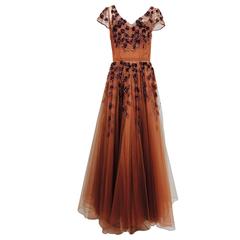 1940s beaded & sequined cinnamon tulle evening gown 4