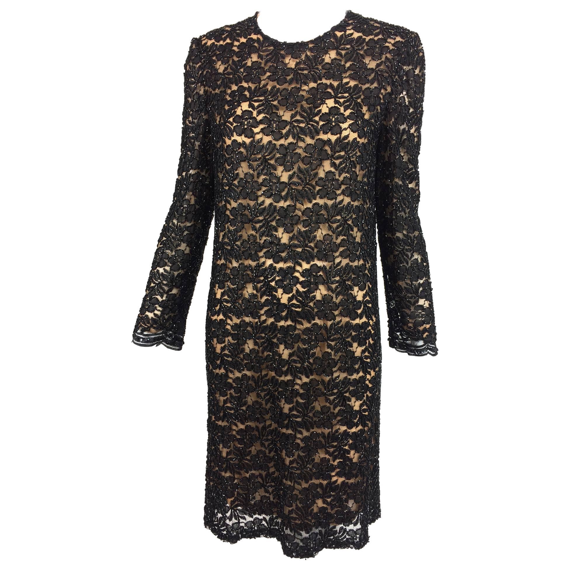 Vintage mod style beaded black floral lace nude lined cocktail dress 1960s