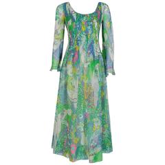 1968 Pierre Cardin Naked-Ladies Novelty Print Pleated Silk Bell-Sleeve Dress 1