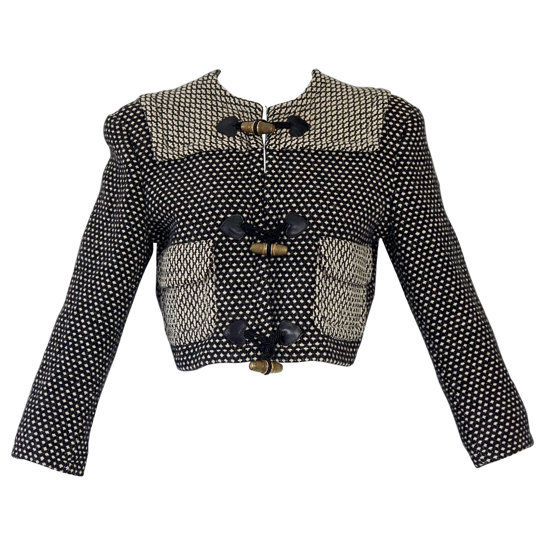 Vintage MOSCHINO Thimble Button Black White Woven Alpaca Blend Cropped Jacket For Sale