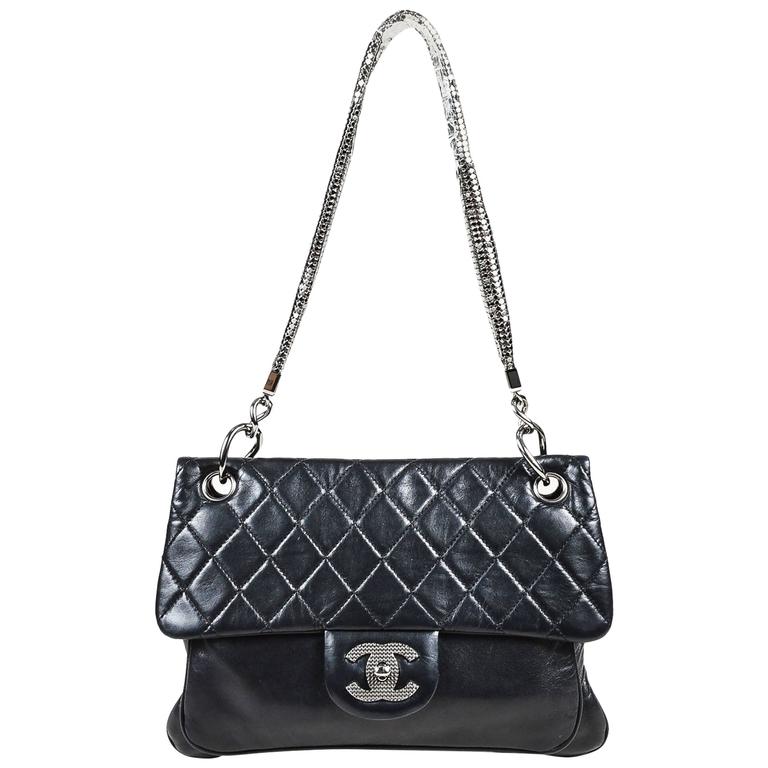 Chanel Black Quilted Lambskin Silver Tone Chain Mail Shoulder Strap ...