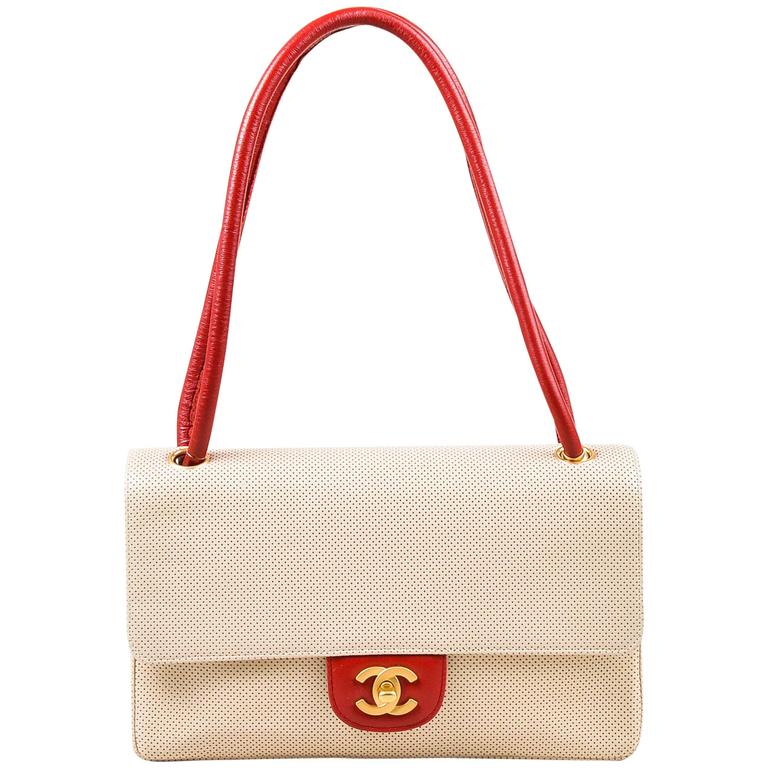 Chanel Taupe Red Perforated Leather Rolled Handle Flap Bag For Sale at  1stDibs