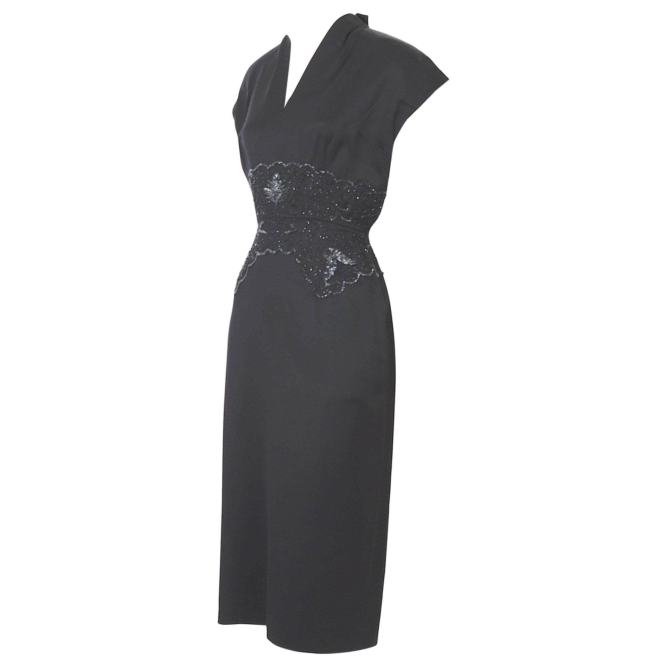 Vintage 1950s Belgian Lancel haute couture embellished waist black wool dress For Sale