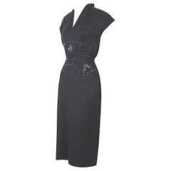 Vintage 1950s Belgian Lancel haute couture embellished waist black wool dress