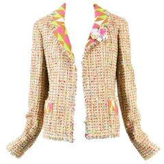 Chanel Tan Multicolor Wool Tweed LS Collared Fray Trim Open Jacket Size 44