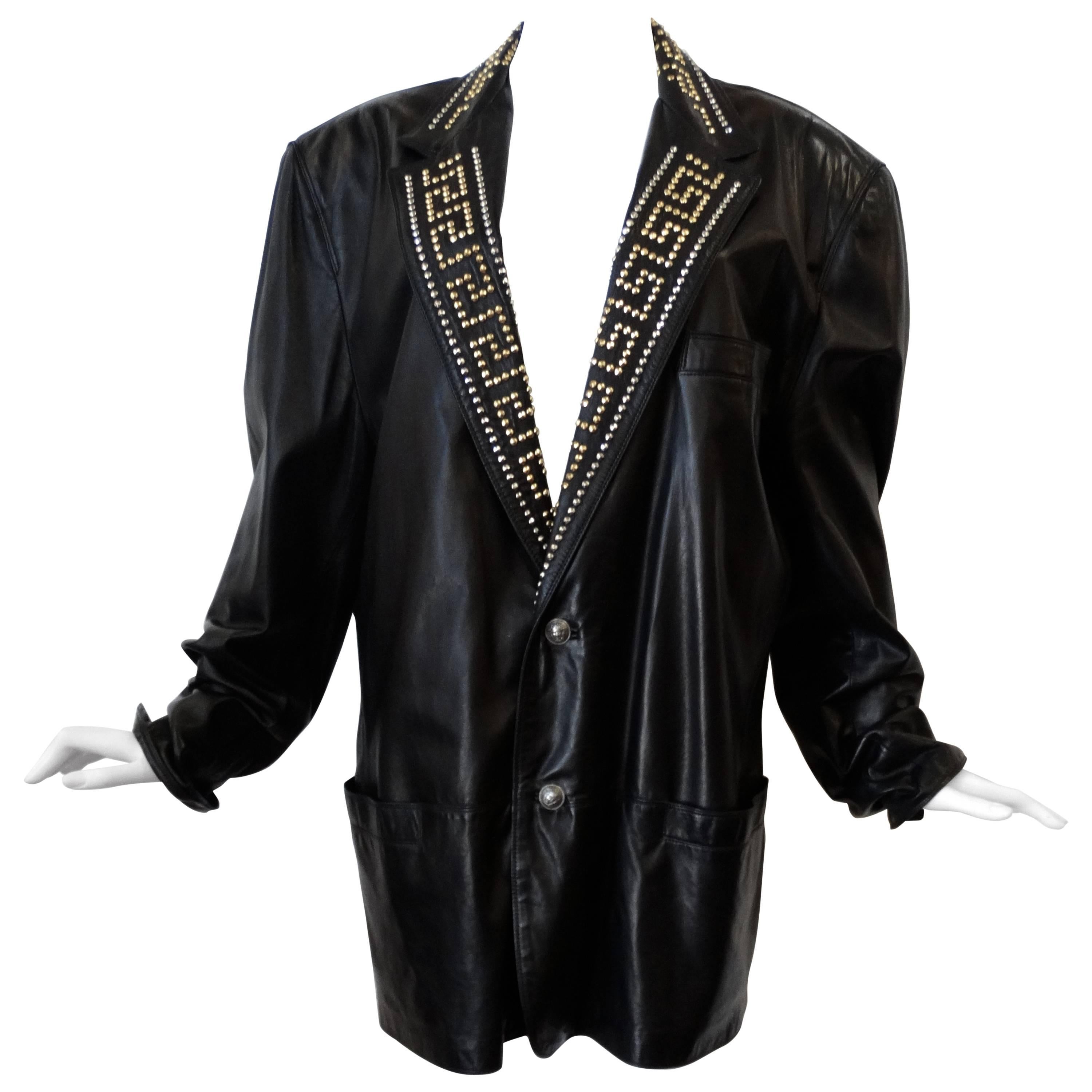 Gianni Versace Couture Black studded Greek Key Leather Jacket, 1992