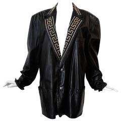 1990s GIANNI VERSACE COUTURE 1992 Black studded GREEK KEY Leather Jacket 1