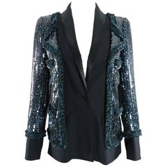 Chanel 11A Teal Lesage Sequin Runway Jacket with Tweed Trim