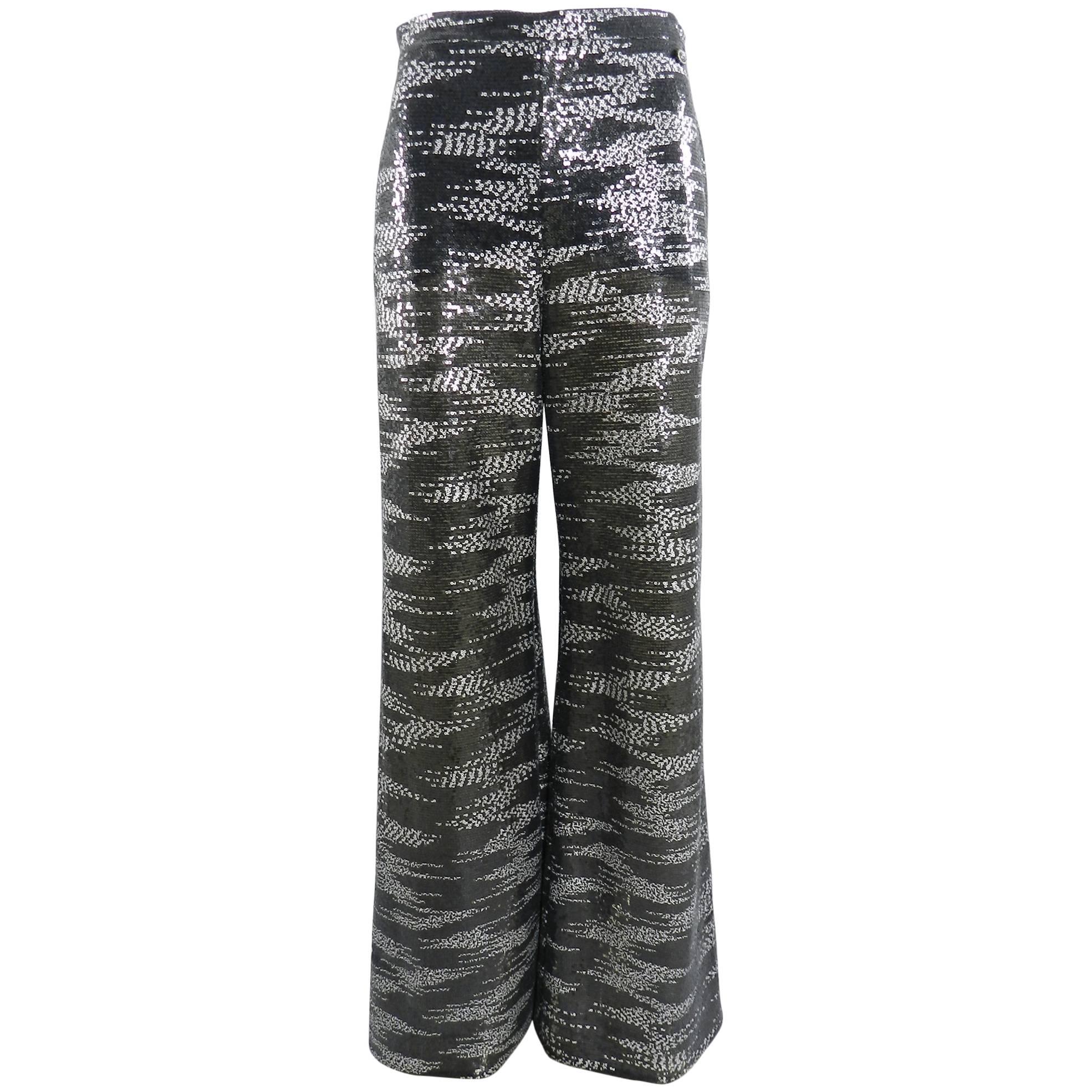 Chanel Grey and white Silk Lesage Sequin Wide Leg Pants