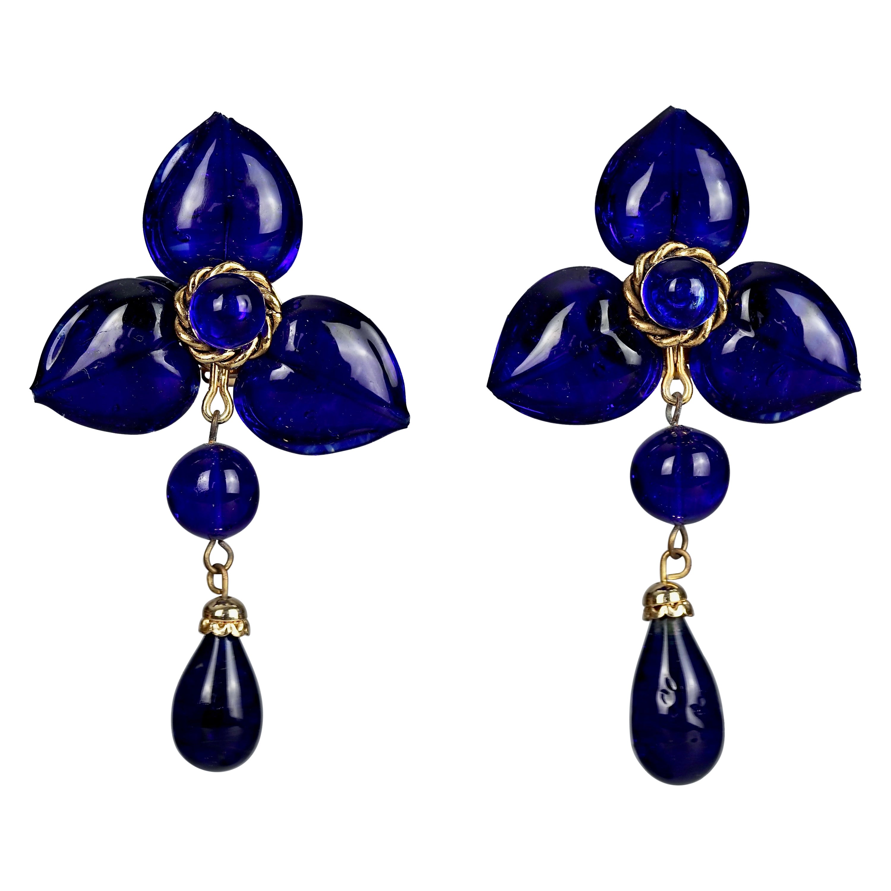 Vintage MOSCHINO Blue Glass Heart Dangling Earrings For Sale