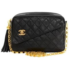 Retro Chanel 9" Flap Black Quilted Leather Fringe Shoulder Pochette Bag