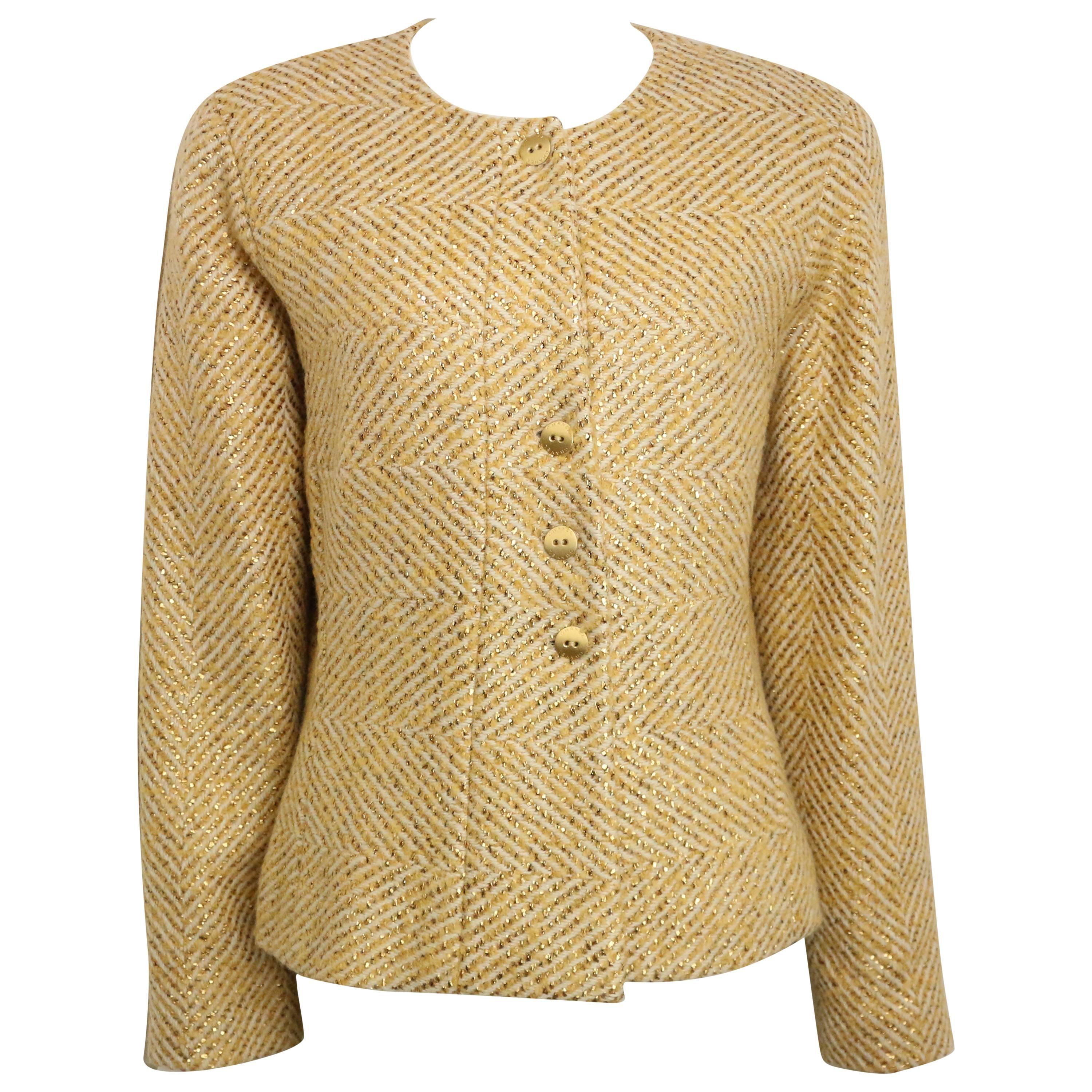 Chanel Gold Toned Metallic Glitter Wool Tweed Jacket